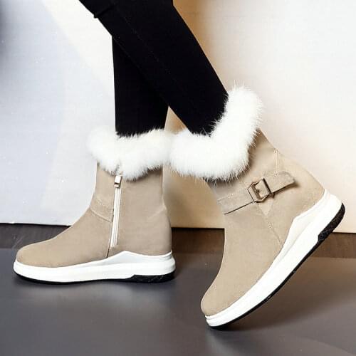 Cute Women Winter Snow Boots Comfortable Fleece Flat Warm Boots with Zipper Buckle Ladies Black Beige Brown Shoes Large Size 43