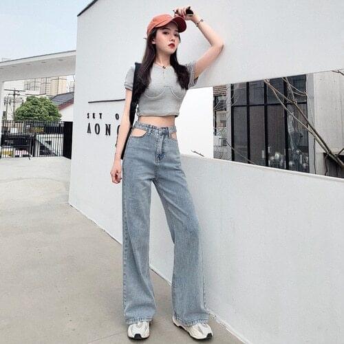 Summer Simple Retro Womens Ripped Jeans High Waist Wide Leg Pants Personality Punk Simple Thin T-shirt Womens Top