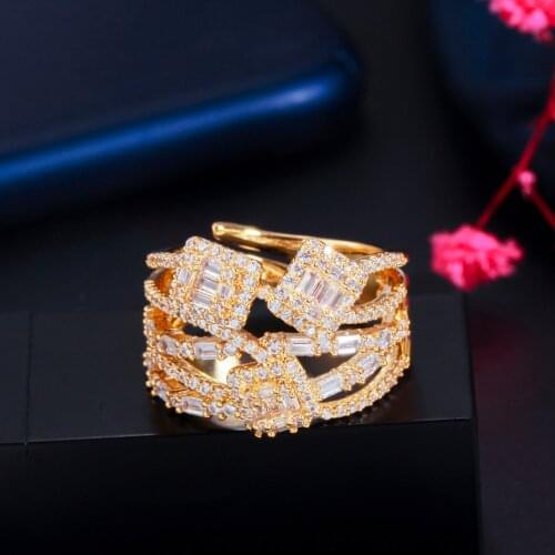 ThreeGraces Adjustable Size Shiny Yellow Gold Color Big Geometric Wedding CZ Rings for Women Luxury Party Costume Jewelry RG154