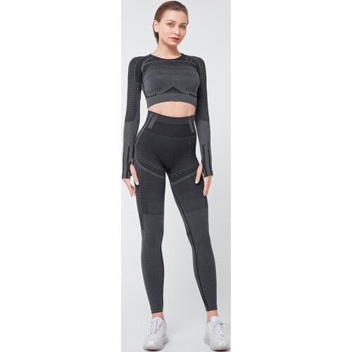 2Pcs Seamless Yoga Sets For Women Long Sleeve Crop Top Fitness Seamless Legging Sets Workout Gym Clothing Active Gym Suits