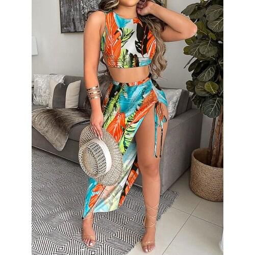 Ladies Floral Dress Sexy Print Short Blouse and Drawstring Ruched Skirt Suit Two-piece Womens Clothing