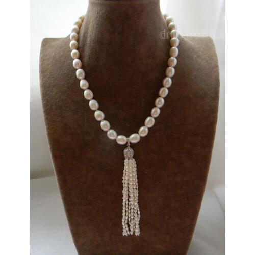 18'' White Rice 10mm Freshwater Pearl Necklace Pendants >Dongguan girl Store free shipping