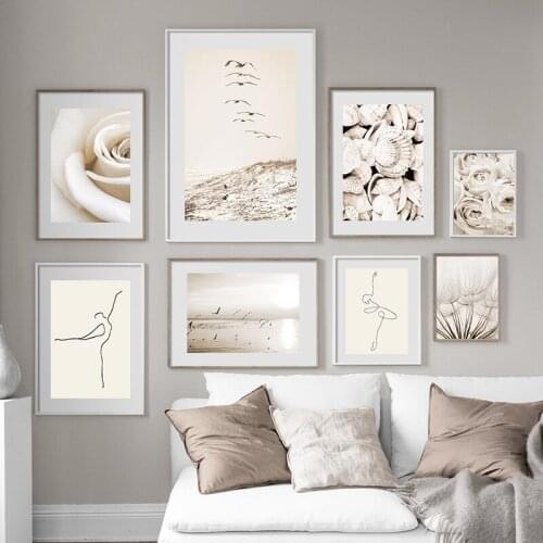 White Rose Flower Shell Seagull Dandelion Line Figure Wall Art Canvas Painting Nordic Posters & Prints Picture Living Room Decor