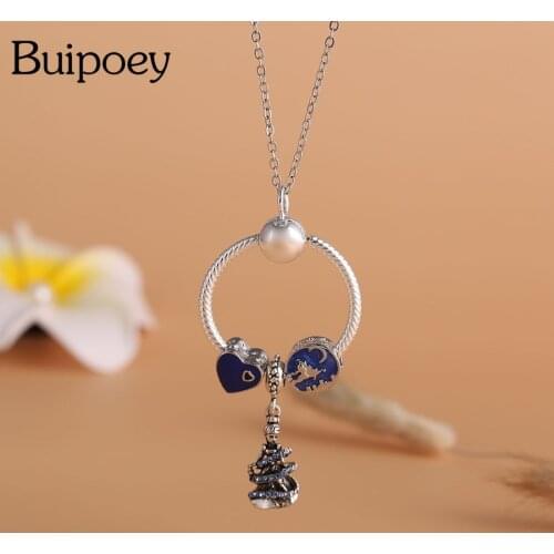 Buipoey Cartoon Blue Princess Pendant Necklace Silver Color Heart Beads Charm Necklace For Women Lovers Birthday Party Jewelry