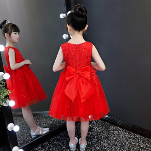 Childrens Summer Customes Clothes Baby Girls Floral Princess Short Red Ball Gown Dresses Princess Wedding Birthday Bow Dresses