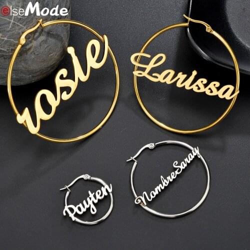 ELSEMODE 1 Pair Personalized Big Circle Earrings 25-100MM Custom Name Date Stainless Steel Earrings For Women Jewelry Gifts