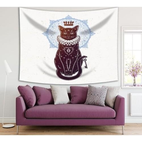 Tapestry Cat Portrait with Secret Key Moon Mandala at the Back Magical Ethnic Artwork Purple Blue White