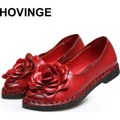 HOVINGE Vintage Handmade Folk Style Women Flats Casual Shoes Genuine Leather Lady national Soft Bottom Shoes Fashion Loafers