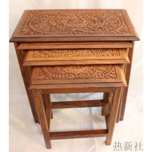 Pakistan imported wood carving table antique wood pure handmade coffee table coffee table stool