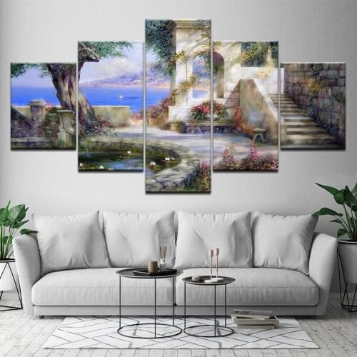 Canvas Painting Cuadros Home Decor Wall Art Pictures For Living Room Prints 5 Pieces Modular Blue Sea And flowers House Poster