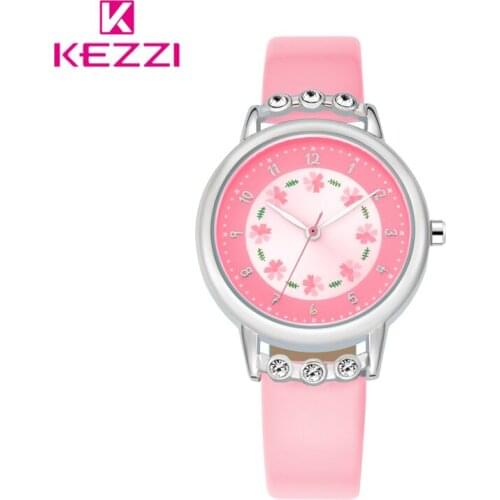 Kezzi Girls Kids Watches Rhinestone Flower Leather strap Wristwatches For Student Cartoon Quartz-Watch Clock montre enfant