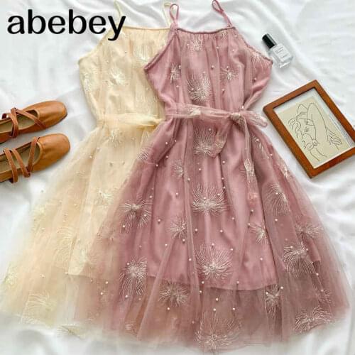 2021 New Summer Sweet All-match fairy Dress Embroidered Beaded mesh sling waist slim bandage Dress