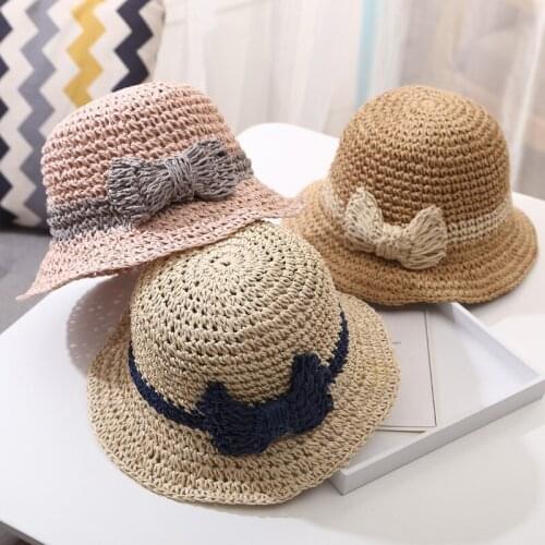 Girl Summer Sun Hats Lovely Bow Straw Hat Beach Cap Collapsible Outdoor Kids Hats Caps