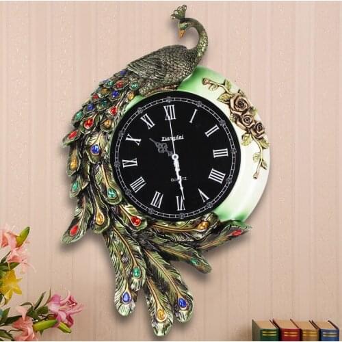 Fashion Vintage Diamond Large Mute Personality Resin Peahen Wall Clock