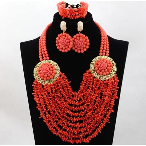 Fashion Wedding Coral Beads Jewelry Set African Nigerian Bridal Coral Bib Jewelry Set for Women Party Free Shipping CNR536
