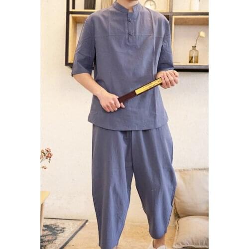 Men Sportswear Linen Quickly Dry Loose Sweatshirt+pant Running Jogger Fitness Workout Casual Yoga Tai Chi Meditation Kungfu Set