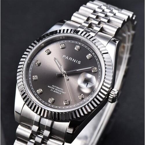 New 39.5mm PARNIS gray dial 21 jewels miyota luminous Date automatic mens watch