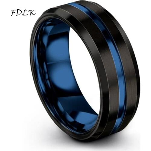 FDLK 8MM Stainless Steel Black Mens Wedding Ring Center Brushed Blue Engraving Promise Ring Mens Gift Wholesale Jewelry