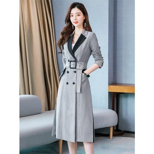 Large Size Slim Long Plaid Windbreaker Jackets Womens Korean Autumn New Lady Double-breasted Temperament Classic Overcoat e176