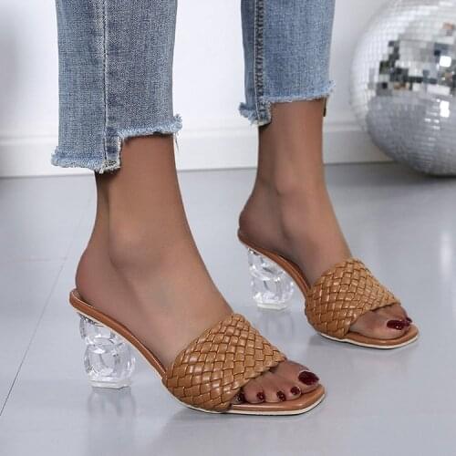 2021 New Summer Fashion Square Head Transparent Thick Heel High Heels Womens Half Slippers Cross Fish mouth womens sandals