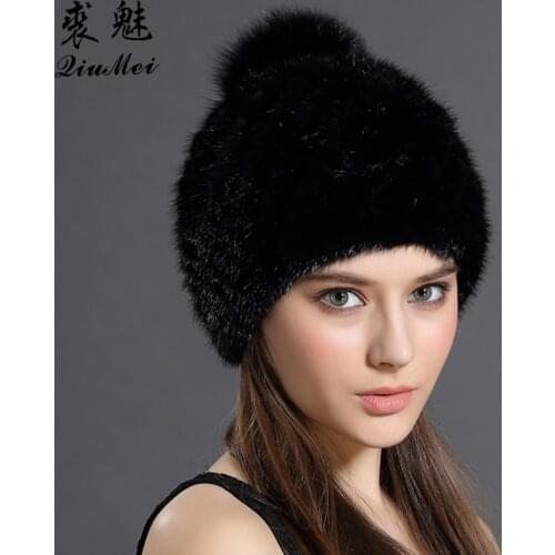 QiuMei Mink Fur Beanies Cap With Fox Fur Pompoms For Women New Brand Thicken Female Cap Winter Knitted Real Mink Fur Hat