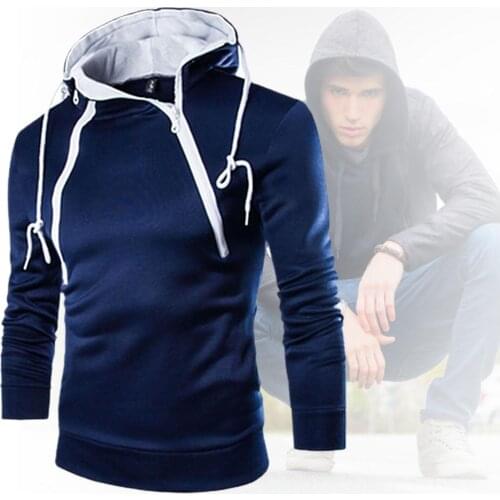 Autumn Winter Men Double-Zipper Long Sleeve Color Block Coat Hoodie Sweatshirt