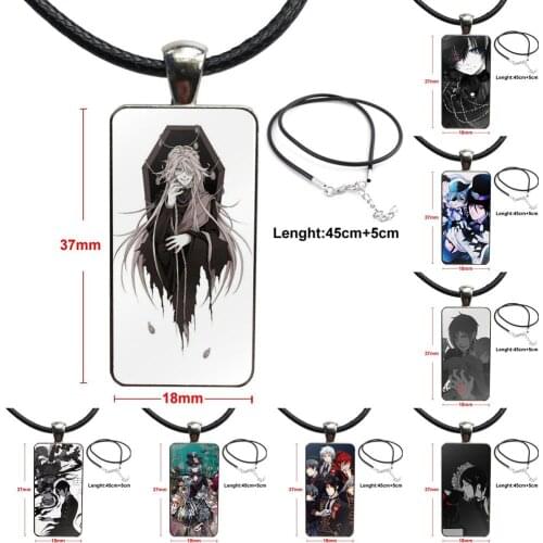 For Women Kids Gift Glass Pendant Necklace Handmade Half Pendant Rectangle Necklace The Black Butler Kuroshitsuji Sebastian