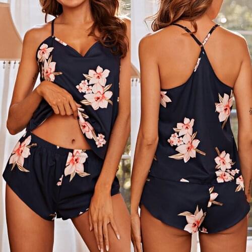 Pajamas Women 2021 Fashion Flower Print Satin Silk Pajamas Set Lady Lingerie Sleepwear Shorts Tank Tops Pijama Breathable Summer
