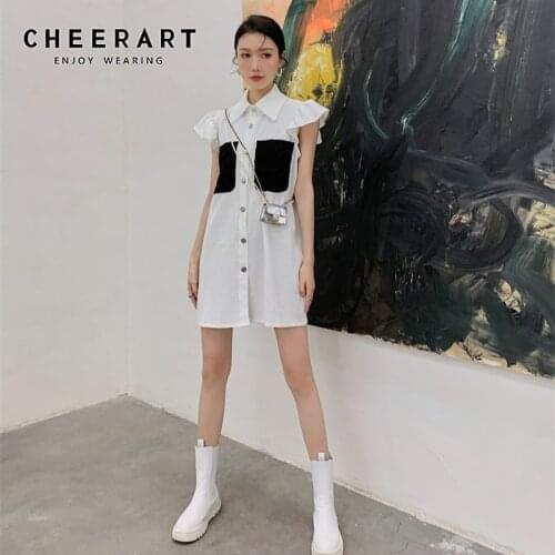 CHEERART White Flying Sleeve Button Up Collar Shirt Dress Summer 2021 Chiffon Designer Pockets Fashion Mini Dress Women Clothing