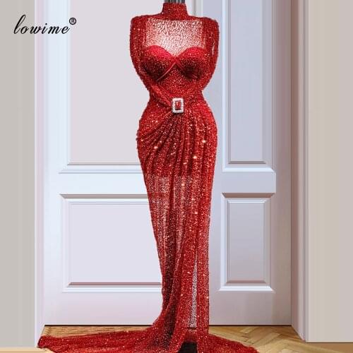 Arabic Red Sequins Celebrity Dresses Long Mermaid Middle East Runaway Red Carpet Gowns Formal Occasion Gowns Vestidos Abiye
