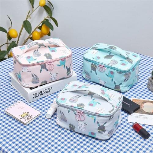 Cartoon Print Square Box Make up bag, Large Capacity Travel Portable Inner Zipper Mesh Cosmetic Pack with Handle