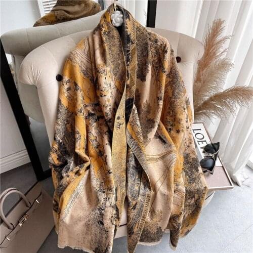 Luxury Brand Flower Print Winter Scarf Women Cashmere Warm Pashmina Foulard Female Scarves Long Blanket Thick Soft Shawls Wraps