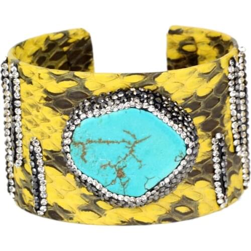 Luxury style yellow leather pave rhinestone charms and natural blue stone adjustable open 5cm width big cuff bangle for women