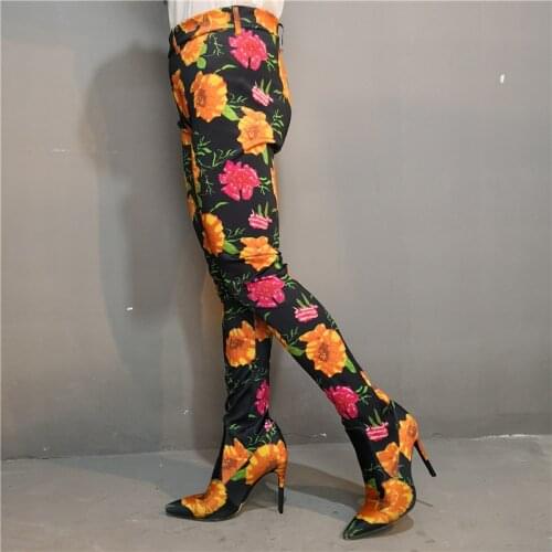 New Female Floral Overknee Boots Cuts Womens Large Size Shoes Stiletto Thin High Heel Elastic Sock Boots Two In One Pants Boots