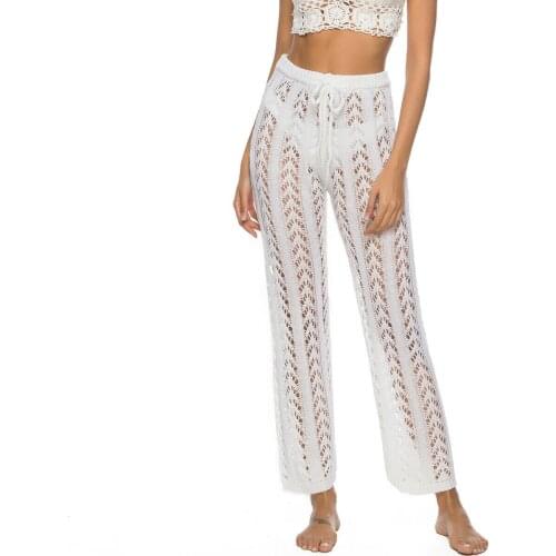 Sexy Bodycon Party Trousers Women Summer Beach Knitted Hollow Out Pants See Through Mesh Crochet Flare Pant