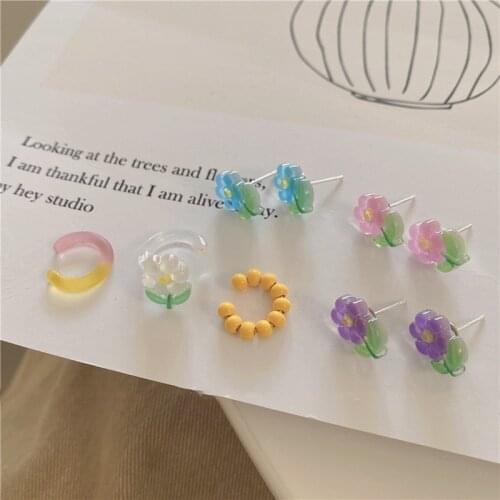 LOVOACC Multiple Korean Cute Colorful Small Flower Earrings for Women Girl Contrast Color Resin Arcylic Stud Earrings Pendientes