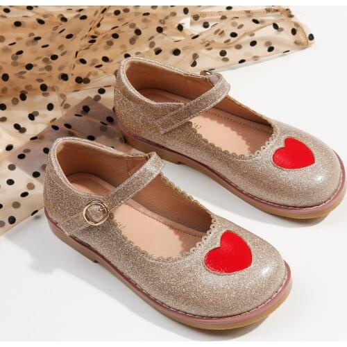 Mary Jane Kids Flats Glitter Gold Black School Home Choir Flower Girl Shoes with Red Heart Sweet Children Shoe non Skid Sole