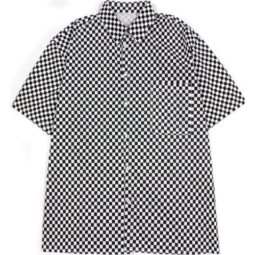 New Summer Shirt Women Oversize Shirt Harajuku Checkerboard Print Wide Short Sleeve Blouse Casual Color Contrast Man Shirt