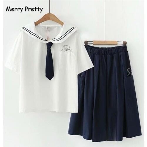 Merry Pretty Cotton Womens Two Piece Sets Top And Skirts 2020 Short Sleeve Sailor Collar Tie T Shirt Embroidery Pockets Skirts