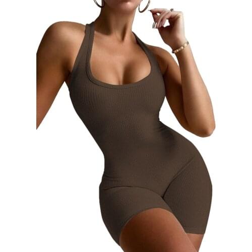 Womens Top Shorts Suit Solid Casual Sexy Halter Neck Short Sports Jumpsuit Slim Fitted Female Summer Bodycon Stretch Playsuits