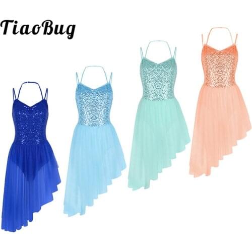 TiaoBug Women Halter Sequin Asymmetric Tulle Ballerina Ballet Tutu Dress Ballet Leotard for Women Dance Gymnastics Leotard Dress