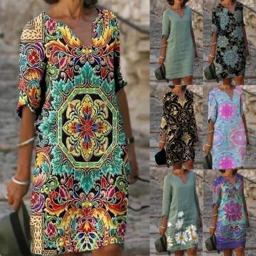 S-XXL Autumn and winter womens V-neck half-sleeved bohemian print straight dress casual simple jurken winter 2020 All-match F4