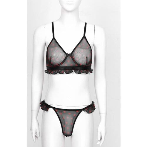 Women Sexy Adult Sexy Heart Prints Lingerie Set See-Through Mesh Hollow Out Bikini Underwear Under-wired Bra with T-back Briefs