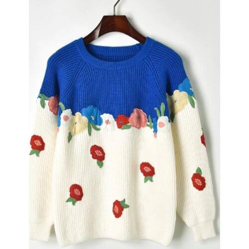 Winter Thick Knitted Pullover 2018 New Long Sleeve Flower Embroidery Block Novelty Cute Sweater Women Casual Sweet Jumper