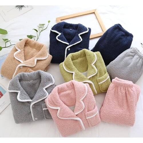 Winter Sleepwear Lamb Wool 2Pcs Women Thick Warm Fleece Pajamas Set Couple Long Sleeve Nightwear Men Home Suit Female Homewear