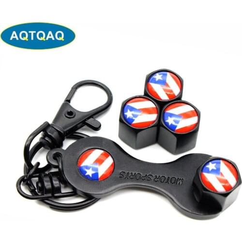 5Pcs/Set Puerto Rico Flag Style Anti-theft Emblem Auto Car Wheel Tire Air Valve Caps With Wrench Keychain Zinc Alloy Stem Dust C