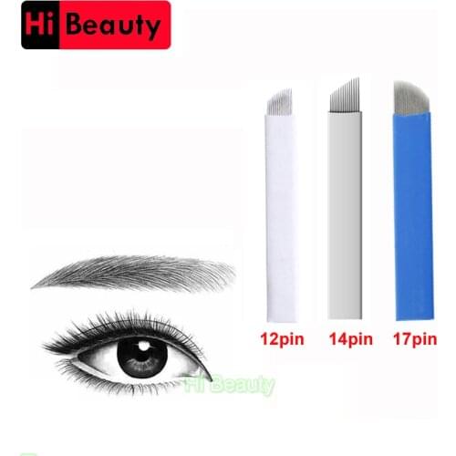 50pcs/lot Disposable Sterilized White Blue 12/14/17 Pin Permanent Makeup Blade Manual Embroidery Eyebrow 3D Tattoo Needles Tips