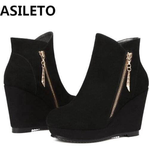 ASILETO High womens boots Cow Suede Wedge Platform boots Hidden Heel Shoes High Top Casual Shoes Woman ankle boot Zipper Cool