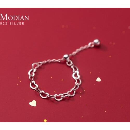 Modian Simple Hearts Free Size Chain Cute Ring Real 925 Sterling Silver Fashion Charm Finger Rings For Women Girls FIne Jewelry
