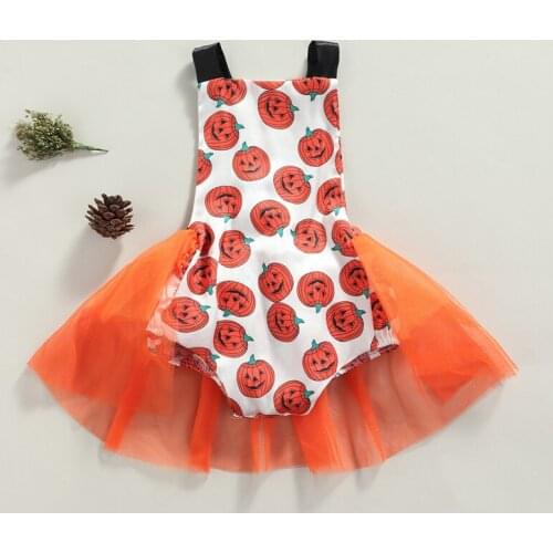Halloween Breathable Baby Girls Romper Toddlers Sweet Style Pumpkin Printing Sleeveless Mesh Skirt Splicing Suspender Jumpsuit